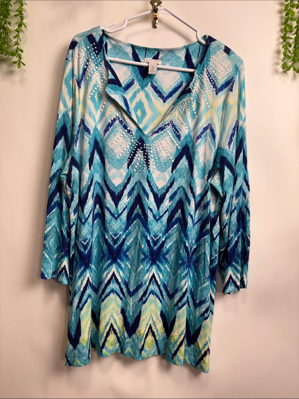 Chico's Blue and Aqua Chevron V-Neck Top with Stud Details